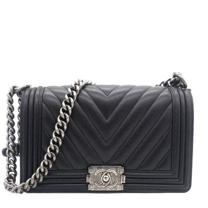 Boy Flap Chevron Calfskin Silver-tone Medium Black