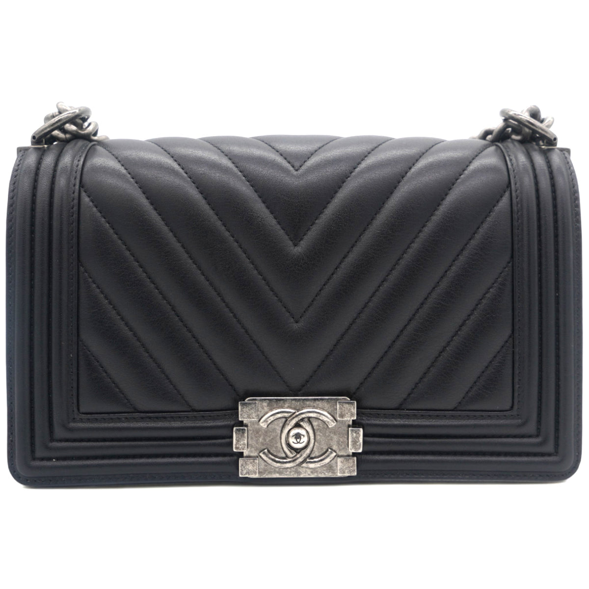 Boy Flap Chevron Calfskin Silver-tone Medium Black