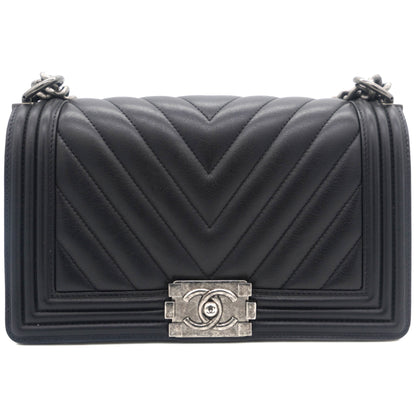 Boy Flap Chevron Calfskin Silver-tone Medium Black