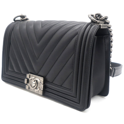 Boy Flap Chevron Calfskin Silver-tone Medium Black