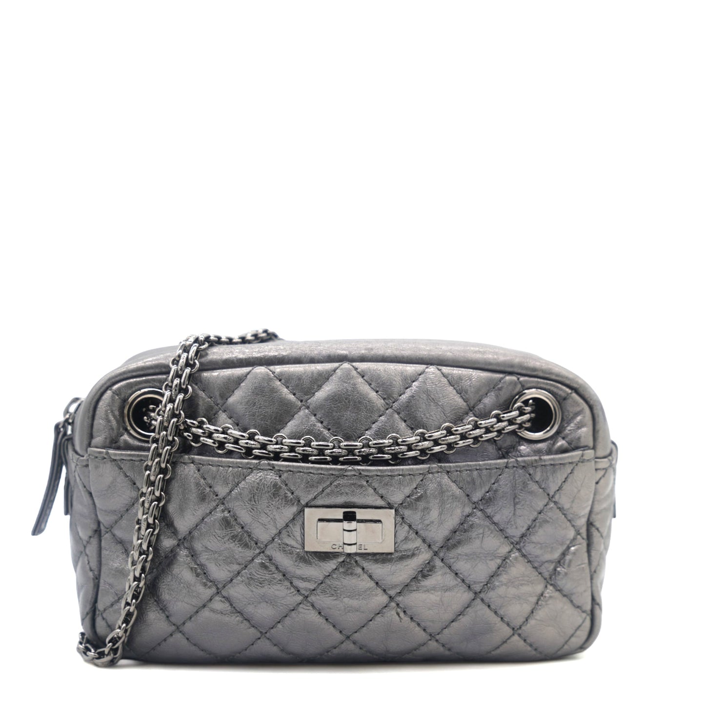 Metallic Aged Calfskin Quilted Small Reissue Camera Case Dark Silver