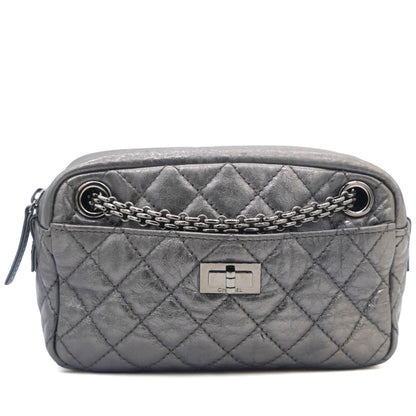 Metallic Aged Calfskin Quilted Small Reissue Camera Case Dark Silver