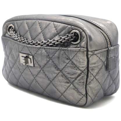 Metallic Aged Calfskin Quilted Small Reissue Camera Case Dark Silver