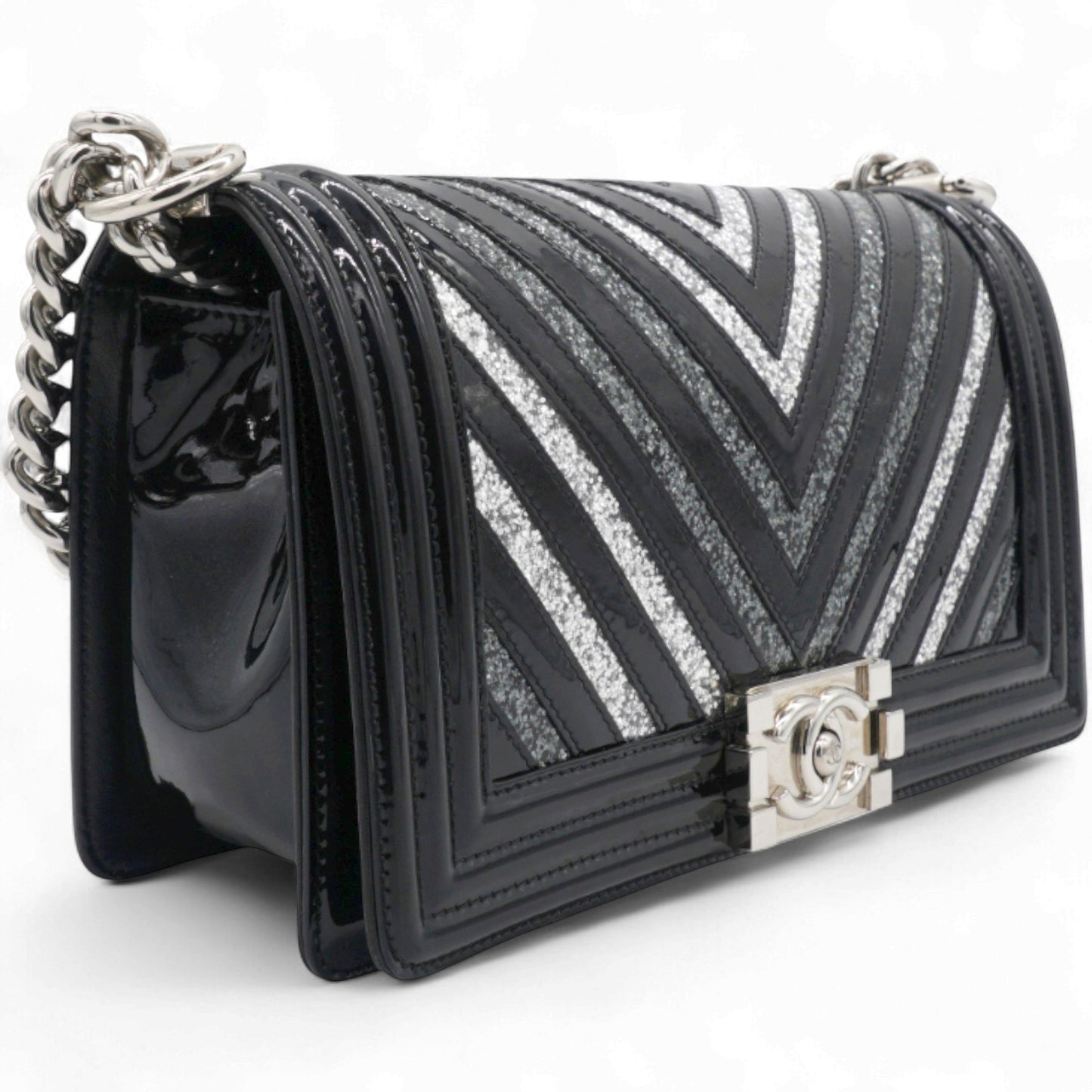 Patent Glitter PVC Chevron Quilted Medium Boy Flap Black Silver