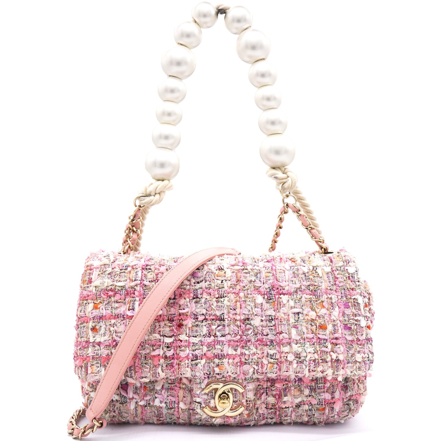 2019 Pink Tweed Fabric & Pearls Classic Single Flap Bag