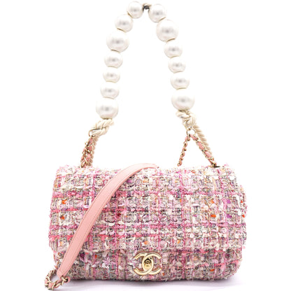 2019 Pink Tweed Fabric & Pearls Classic Single Flap Bag