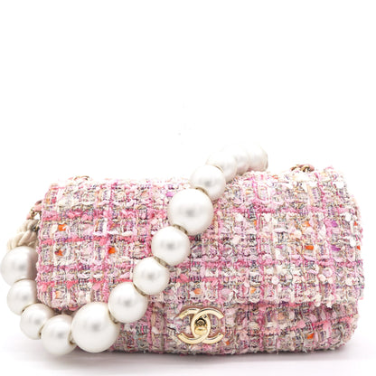 2019 Pink Tweed Fabric & Pearls Classic Single Flap Bag