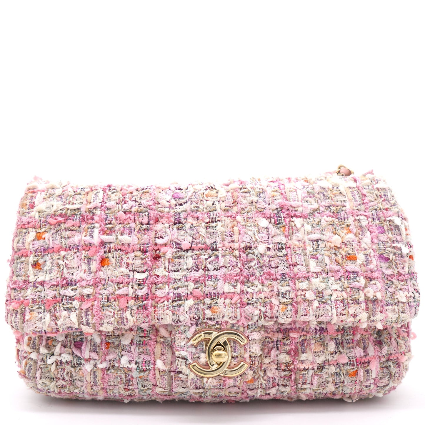 2019 Pink Tweed Fabric & Pearls Classic Single Flap Bag