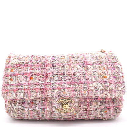 2019 Pink Tweed Fabric & Pearls Classic Single Flap Bag