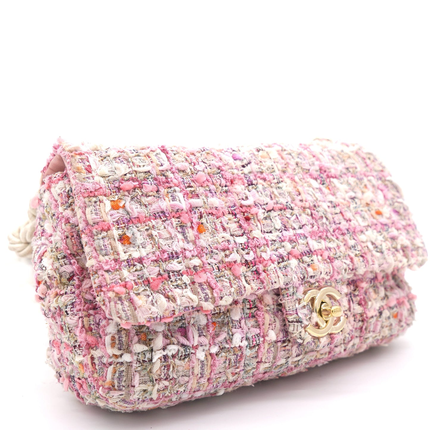 2019 Pink Tweed Fabric & Pearls Classic Single Flap Bag