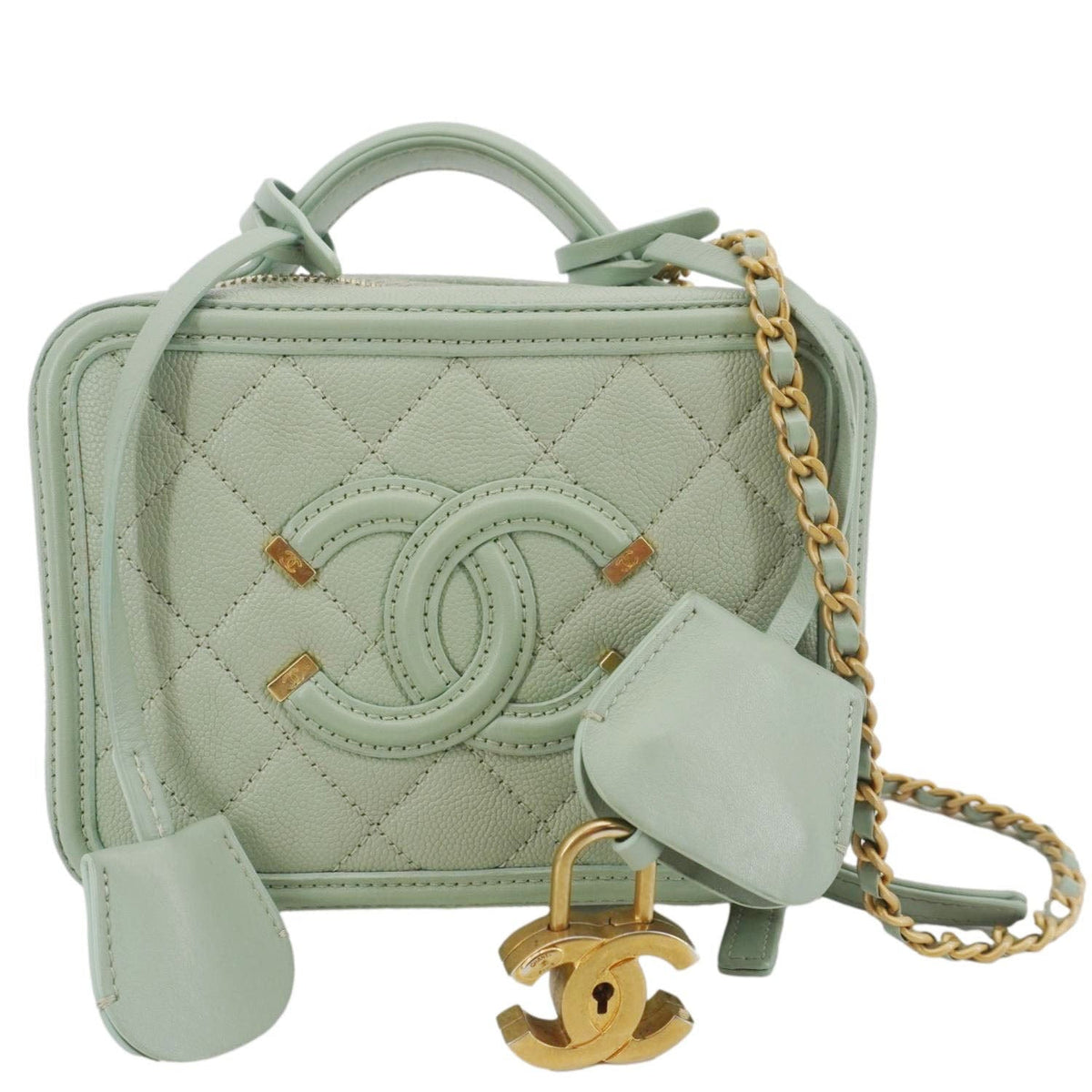 Chanel Vanity Case Filigree CC Small Caviar Quilted Shoulder Bag Light Green