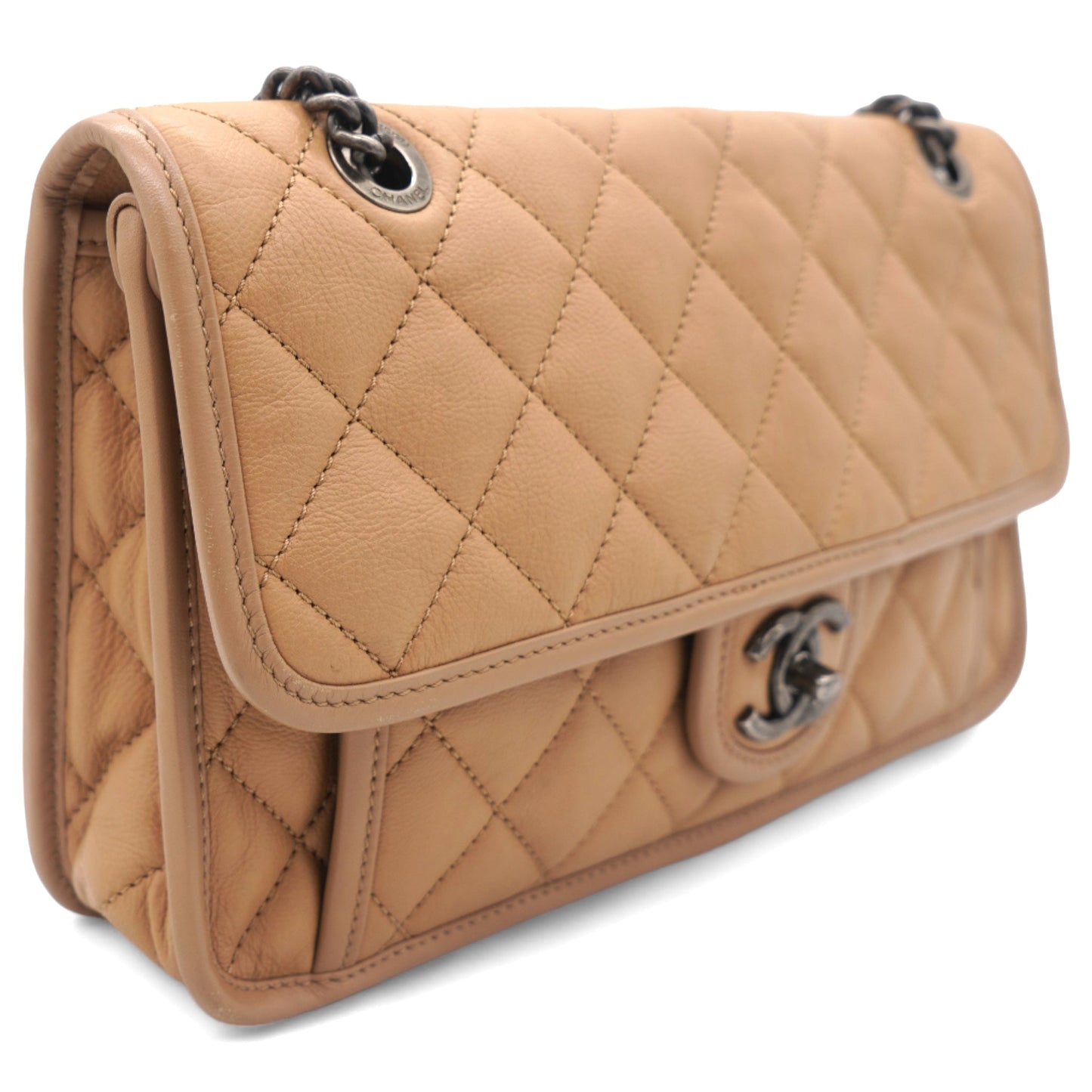 Leather Beige Flap Chain Bag