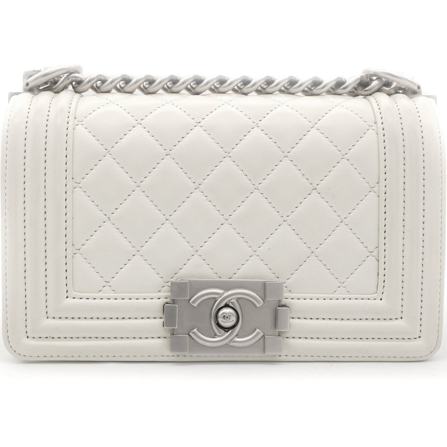 Calfskin Quilted Small Boy Flap White
