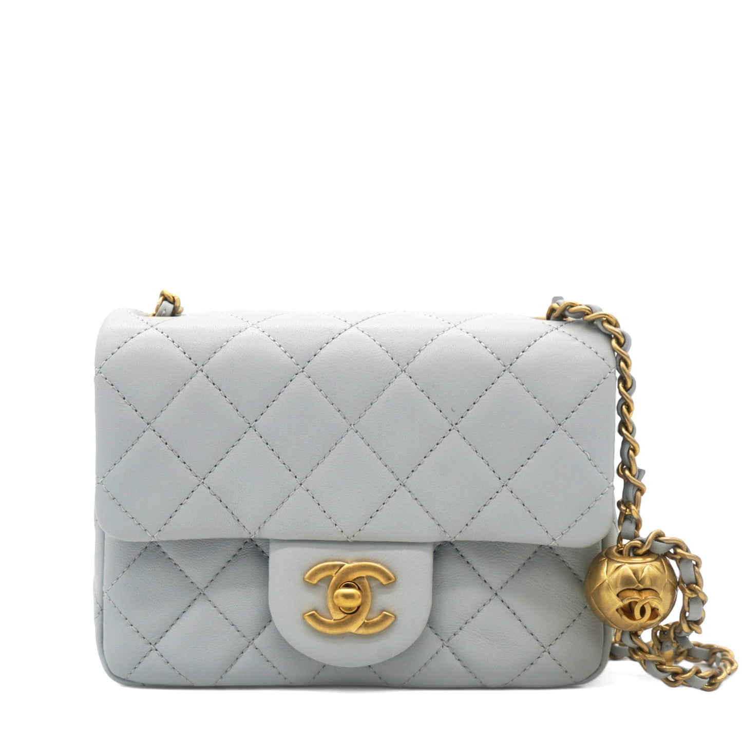 Pearl CC Crush Mini Square Lambskin Grey Crossbody Bag
