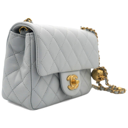 Pearl CC Crush Mini Square Lambskin Grey Crossbody Bag