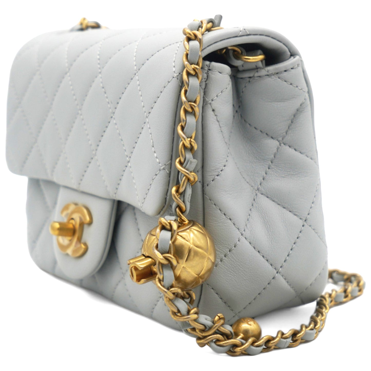 Pearl CC Crush Mini Square Lambskin Grey Crossbody Bag