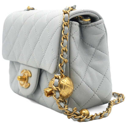 Pearl CC Crush Mini Square Lambskin Grey Crossbody Bag