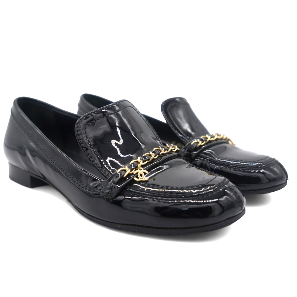 Black Leather Chain Detail Flat Loafers 37.5