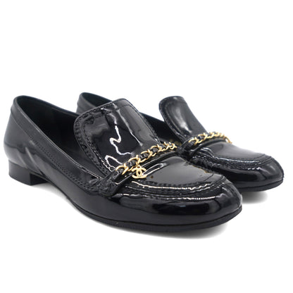 Black Leather Chain Detail Flat Loafers 37.5