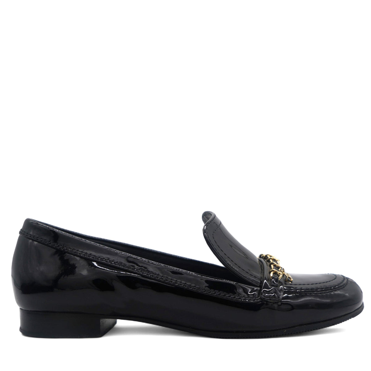 Black Leather Chain Detail Flat Loafers 37.5