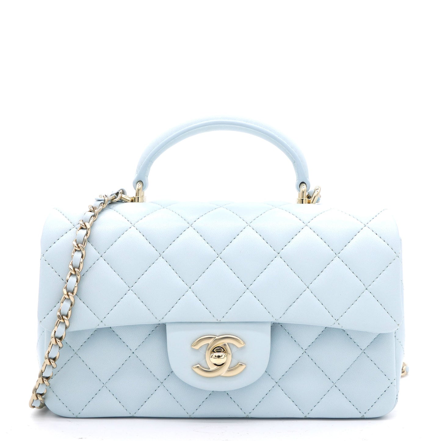 Lambskin Quilted Mini Top Handle Rectangular Flap Light Blue