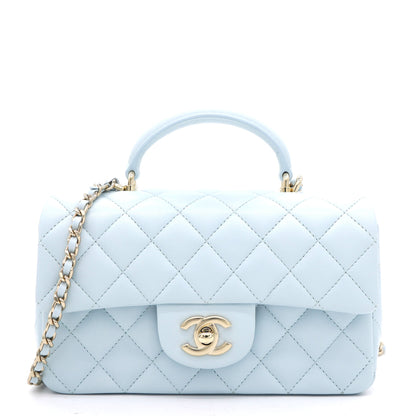 Lambskin Quilted Mini Top Handle Rectangular Flap Light Blue