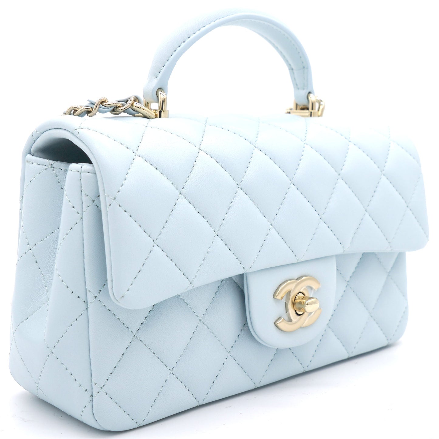 Lambskin Quilted Mini Top Handle Rectangular Flap Light Blue