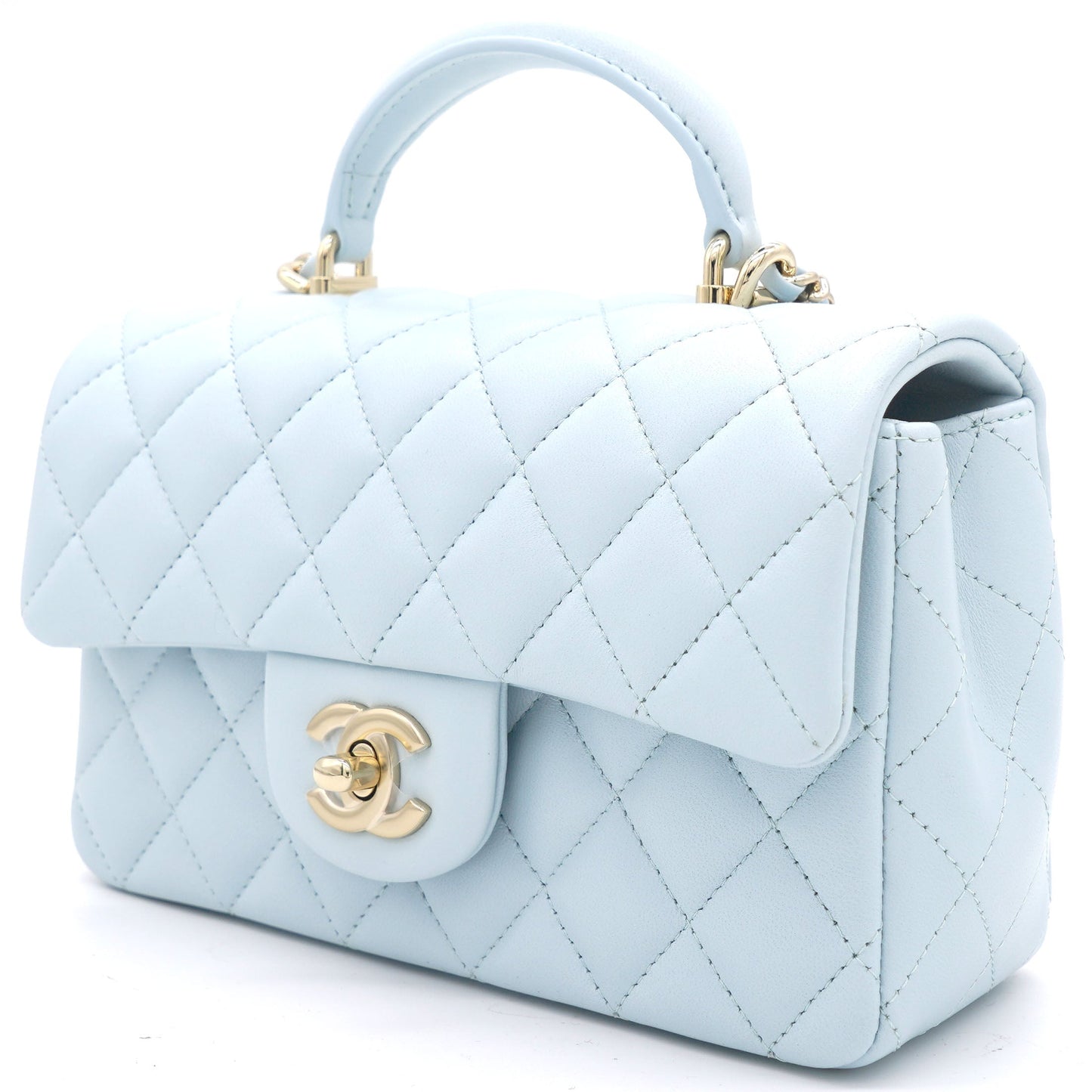 Lambskin Quilted Mini Top Handle Rectangular Flap Light Blue