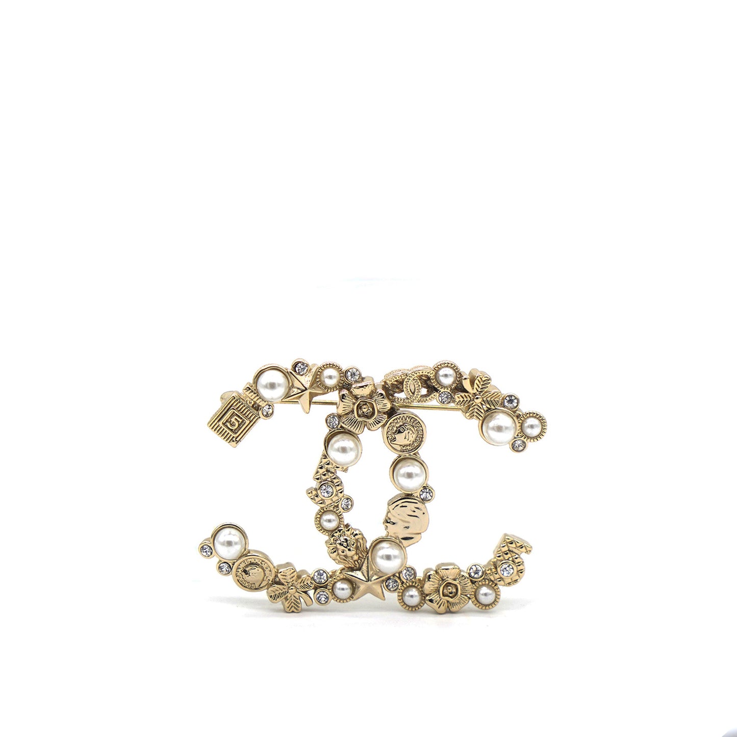 Crystal Pearl CC Charms Brooch Gold