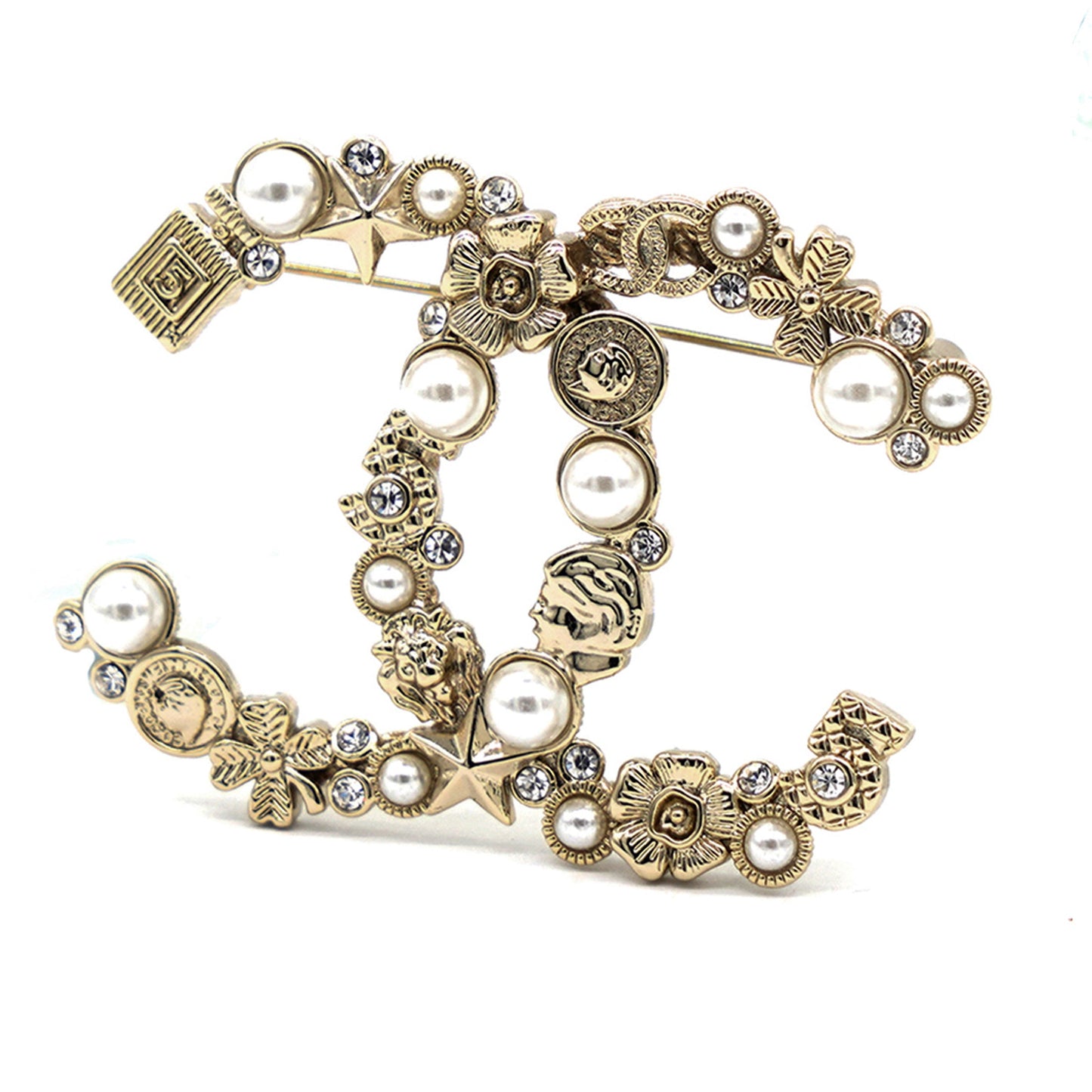 Crystal Pearl CC Charms Brooch Gold