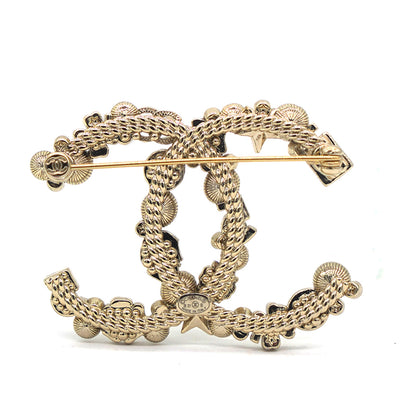 Crystal Pearl CC Charms Brooch Gold