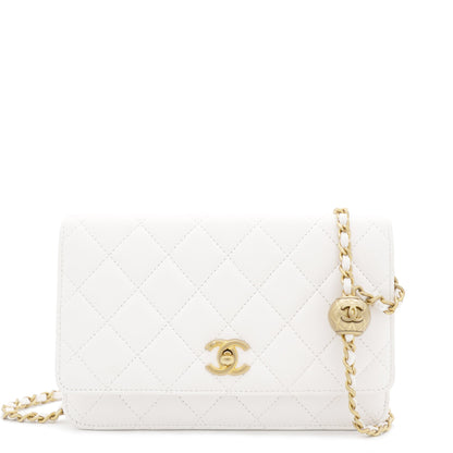 Lambskin Quilted CC Pearl Crush Wallet on Chain White