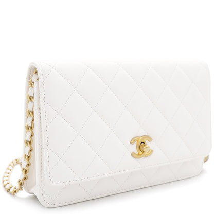 Lambskin Quilted CC Pearl Crush Wallet on Chain White