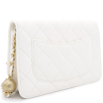Lambskin Quilted CC Pearl Crush Wallet on Chain White