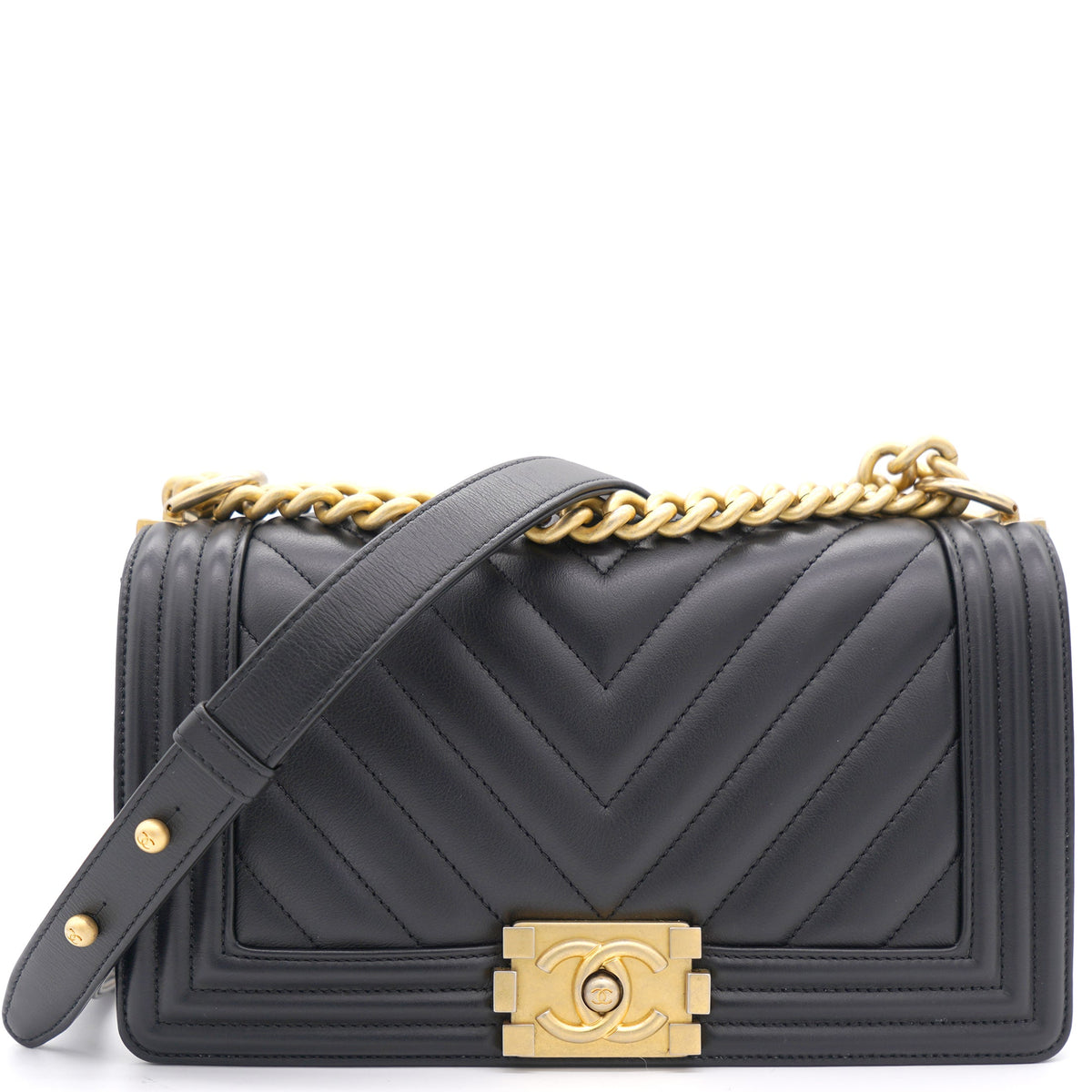 Black Chevron Leather Medium Boy Flap Bag