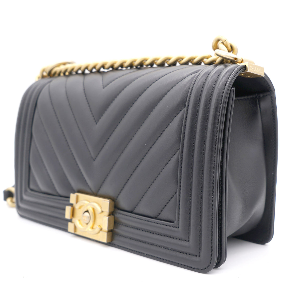 Black Chevron Leather Medium Boy Flap Bag