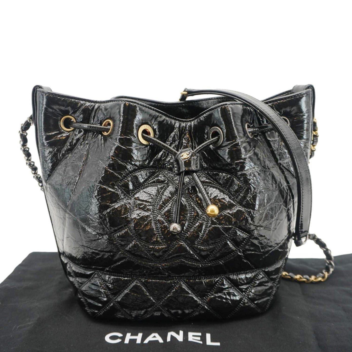 Chanel CC Drawstring Shiny Aged Calfskin Chain Shoulder Bag Black