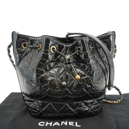 Chanel CC Drawstring Shiny Aged Calfskin Chain Shoulder Bag Black