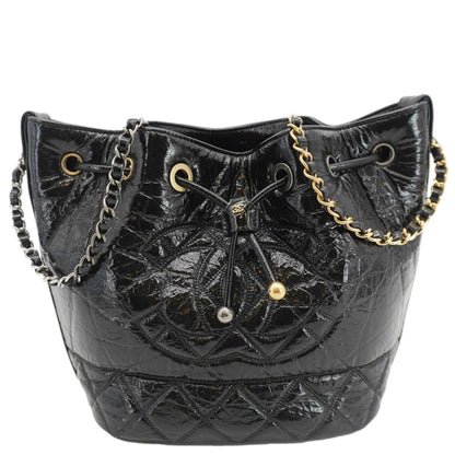 Chanel CC Drawstring Shiny Aged Calfskin Chain Shoulder Bag Black