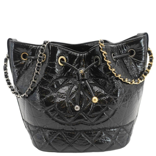 Chanel CC Drawstring Shiny Aged Calfskin Chain Shoulder Bag Black