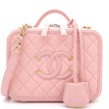 Pink Quilted Caviar Leather Medium CC Filigree Vanity Case Bag