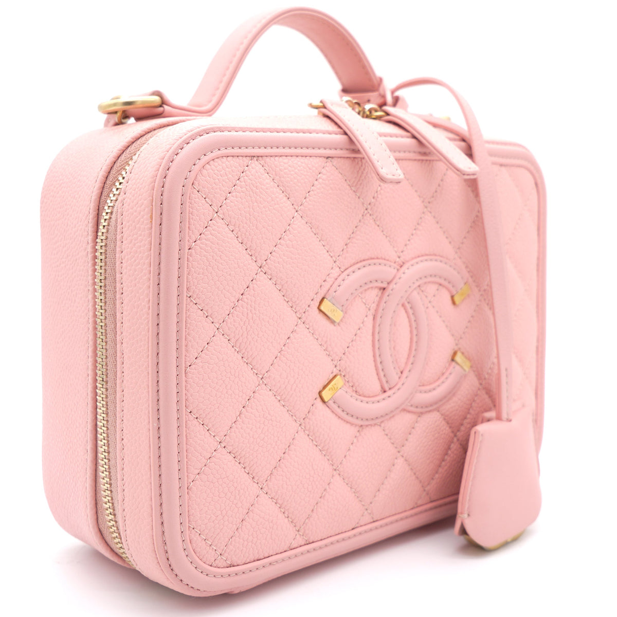 Pink Quilted Caviar Leather Medium CC Filigree Vanity Case Bag