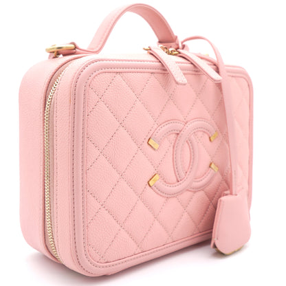 Pink Quilted Caviar Leather Medium CC Filigree Vanity Case Bag