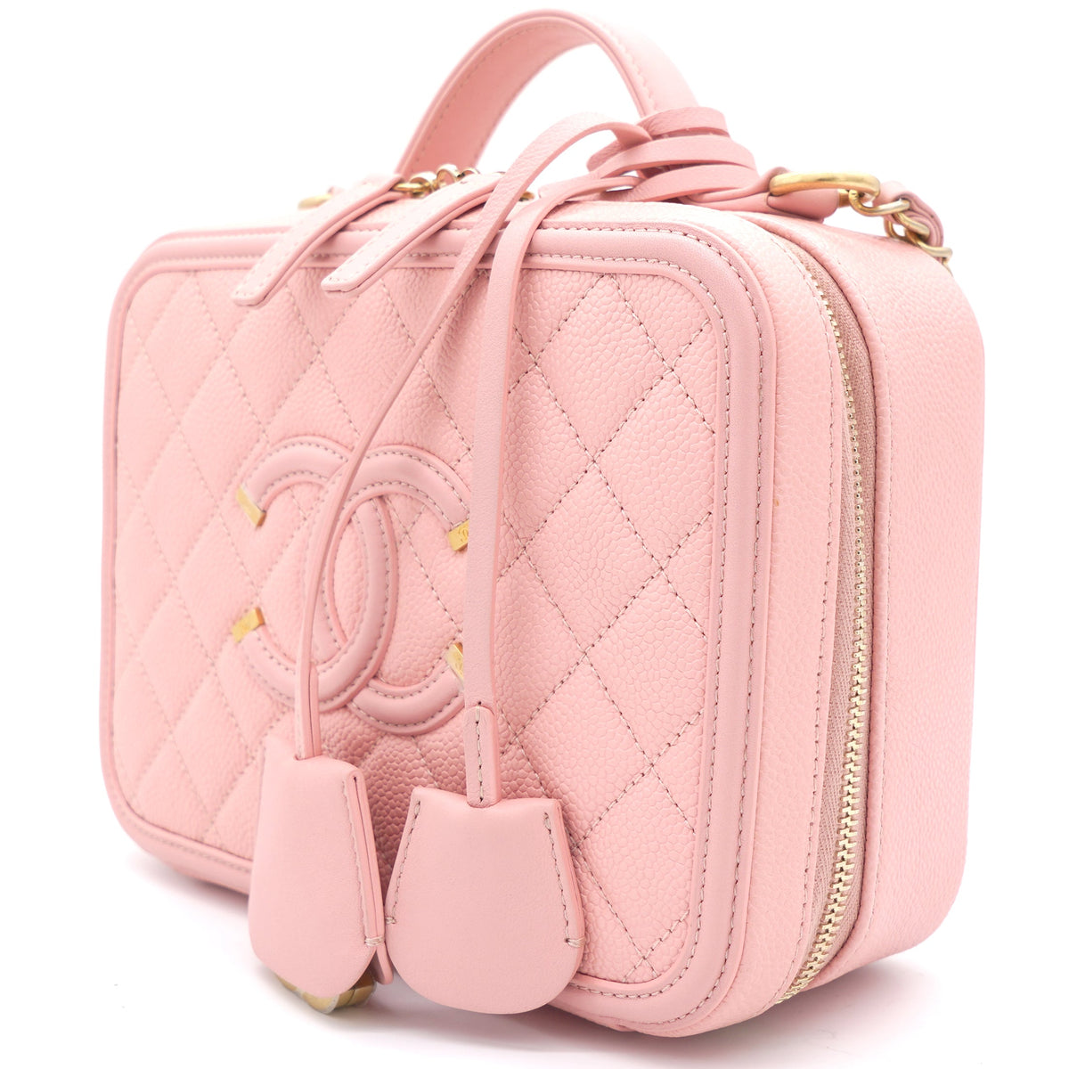 Pink Quilted Caviar Leather Medium CC Filigree Vanity Case Bag
