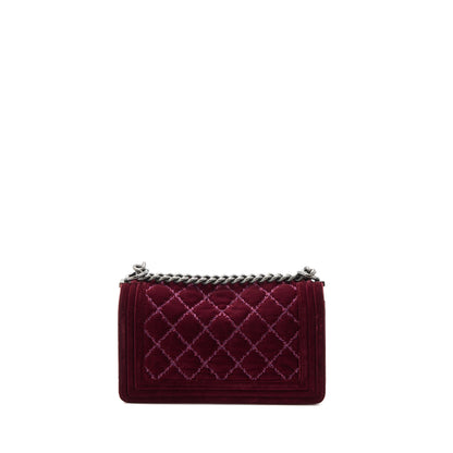 Chanel Medium Boy Bag Velvet Dark Red Ruthenium SHW