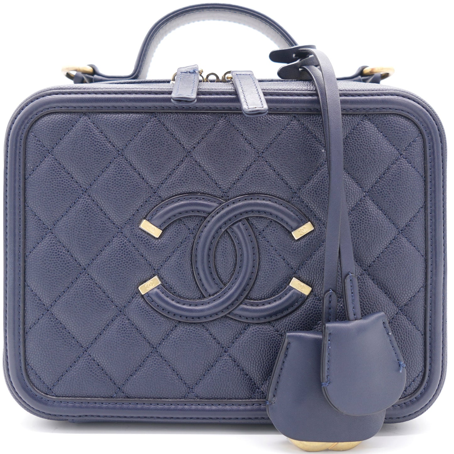 Navy Quilted Caviar Leather Medium CC Filigree Vanity Case Bag