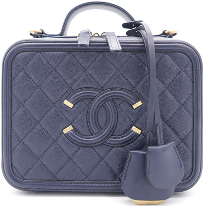 Navy Quilted Caviar Leather Medium CC Filigree Vanity Case Bag