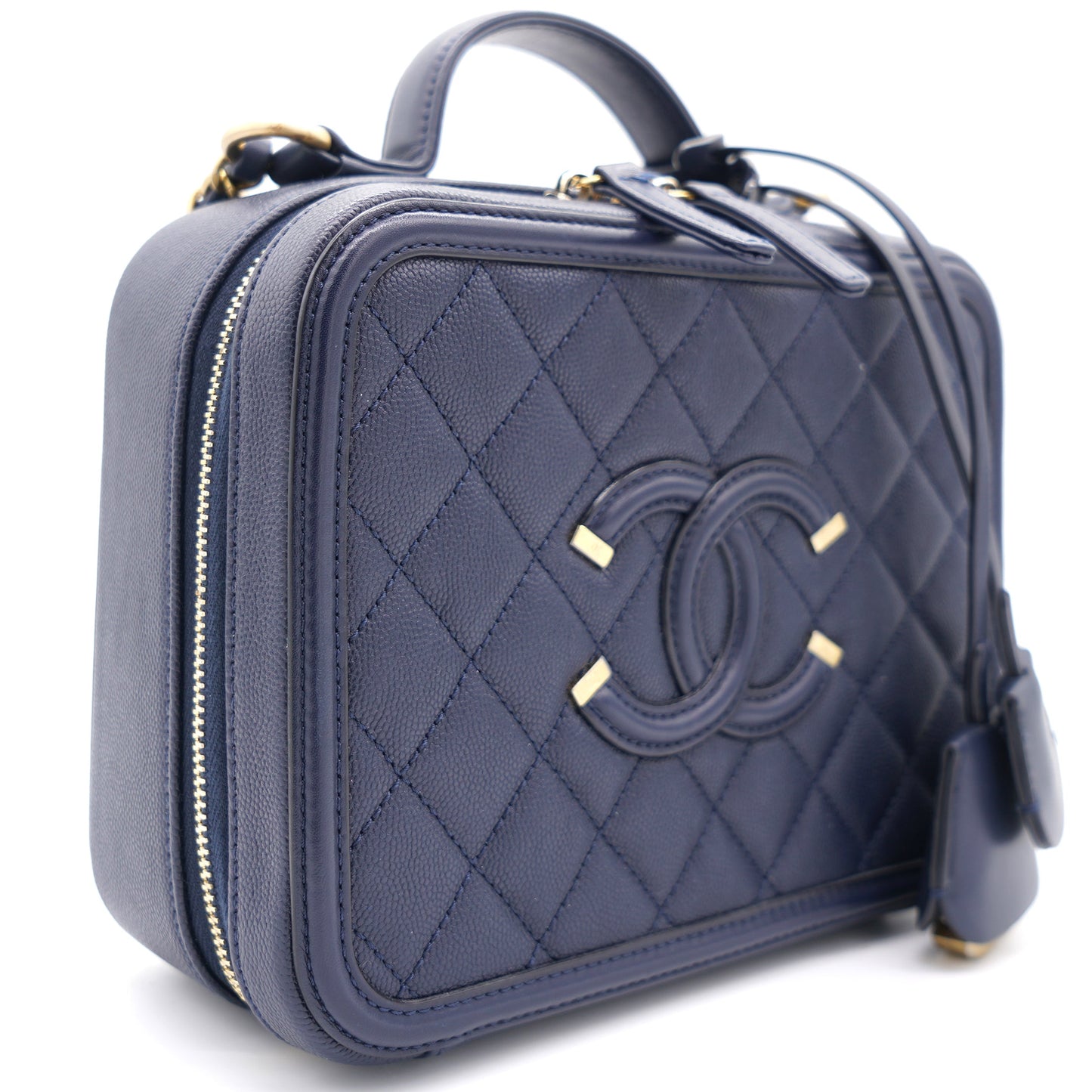 Navy Quilted Caviar Leather Medium CC Filigree Vanity Case Bag