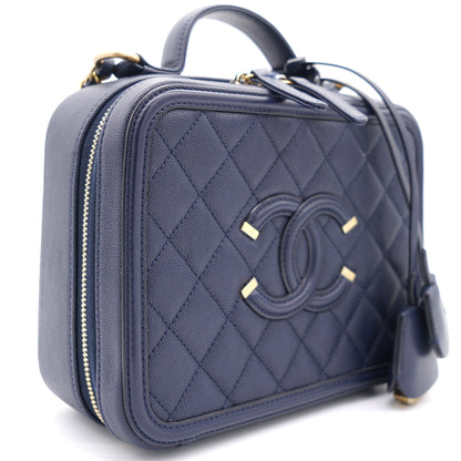 Navy Quilted Caviar Leather Medium CC Filigree Vanity Case Bag