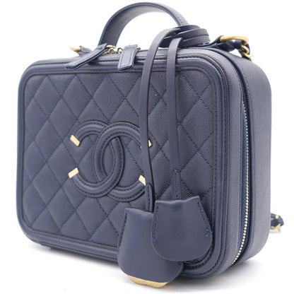 Navy Quilted Caviar Leather Medium CC Filigree Vanity Case Bag